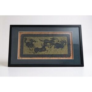 Framed Asian Ink Brush Horses Painting Art Signed Vintage 19" Length